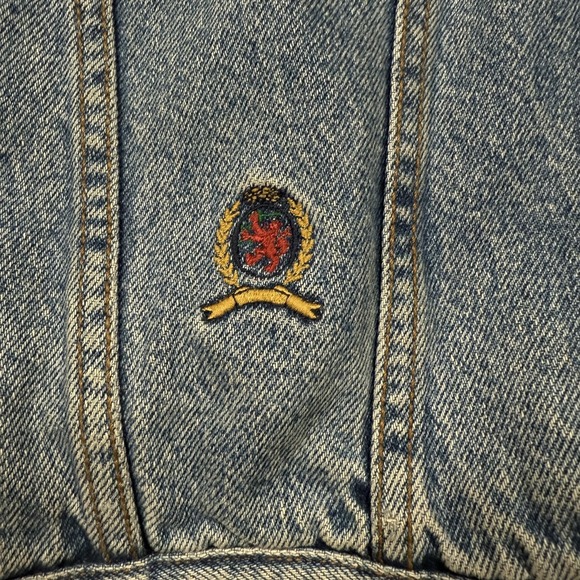 Vintage Tommy Jeans Jacket Mens 2XL Blue Denim Tan Collar Crest Patch 90s - Picture 4 of 14
